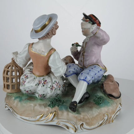 c1880 Dresden Figure Group Children with Lamb and Birdcage - Estate Fresh Austin