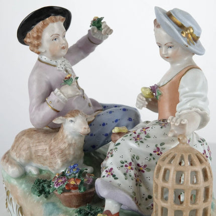 c1880 Dresden Figure Group Children with Lamb and Birdcage - Estate Fresh Austin