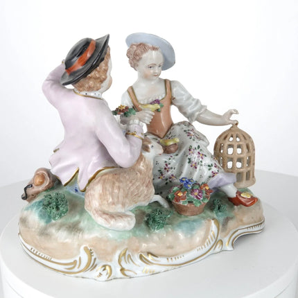 c1880 Dresden Figure Group Children with Lamb and Birdcage - Estate Fresh Austin