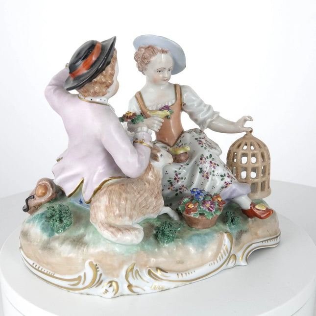 c1880 Dresden Figure Group Children with Lamb and Birdcage - Estate Fresh Austin