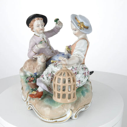 c1880 Dresden Figure Group Children with Lamb and Birdcage - Estate Fresh Austin