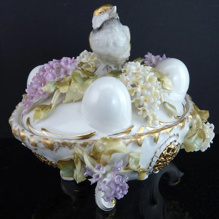 c1880 Dresden Porcelain Bird on Nest Potpourri Box with applied flowers - Estate Fresh Austin