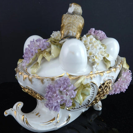 c1880 Dresden Porcelain Bird on Nest Potpourri Box with applied flowers - Estate Fresh Austin