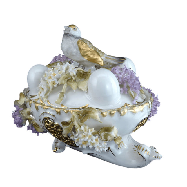 c1880 Dresden Porcelain Bird on Nest Potpourri Box with applied flowers - Estate Fresh Austin