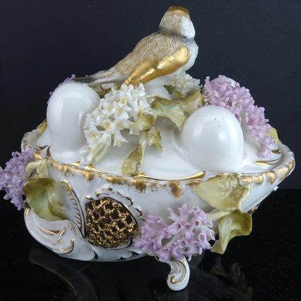 c1880 Dresden Porcelain Bird on Nest Potpourri Box with applied flowers - Estate Fresh Austin