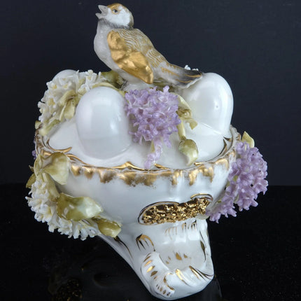 c1880 Dresden Porcelain Bird on Nest Potpourri Box with applied flowers - Estate Fresh Austin