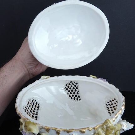 c1880 Dresden Porcelain Bird on Nest Potpourri Box with applied flowers - Estate Fresh Austin