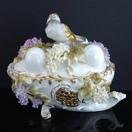 c1880 Dresden Porcelain Bird on Nest Potpourri Box with applied flowers - Estate Fresh Austin