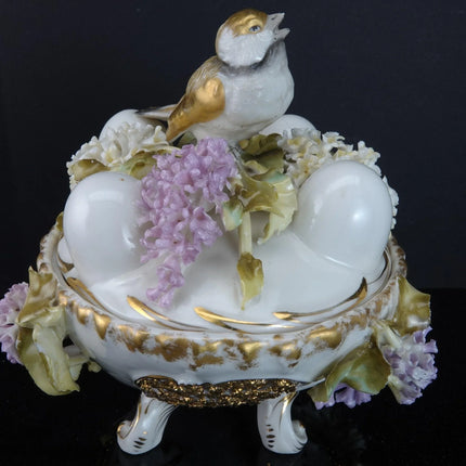 c1880 Dresden Porcelain Bird on Nest Potpourri Box with applied flowers - Estate Fresh Austin