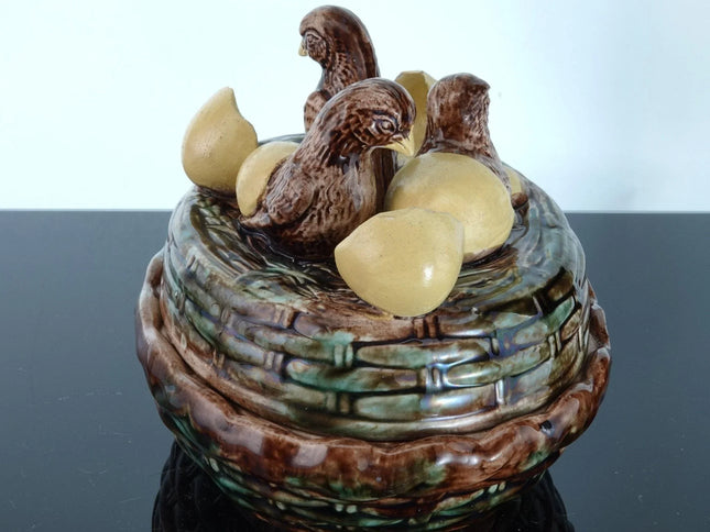 c1880 English Majolica Covered Birds on Nest Game Dish - Estate Fresh Austin