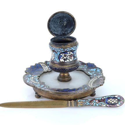 c1880 French Bronze Champleve Diminutive Ladies Inkwell and Letter opener - Estate Fresh Austin