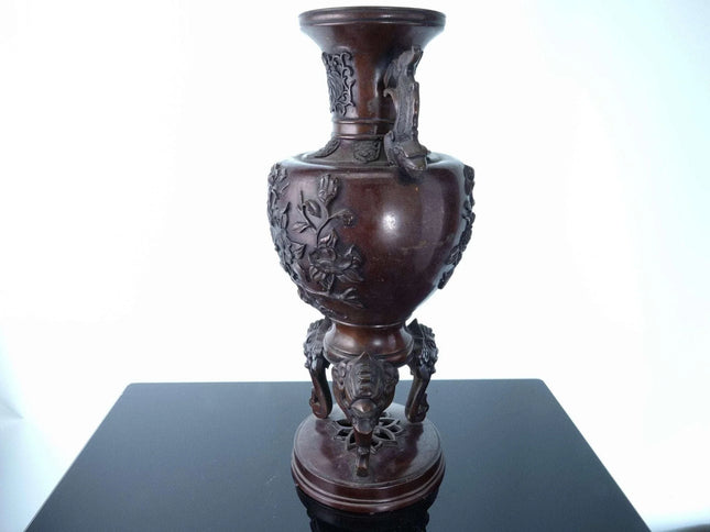 c1880 Meiji Period Japanese Bronze Vase with Relief Birds flowers and serpent ha - Estate Fresh Austin