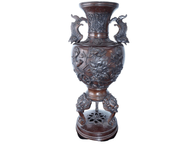 c1880 Meiji Period Japanese Bronze Vase with Relief Birds flowers and serpent ha - Estate Fresh Austin