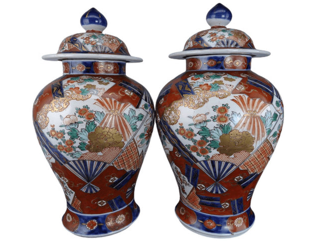 c1880 Meiji Period Japanese Imari Urns Pair - Estate Fresh Austin