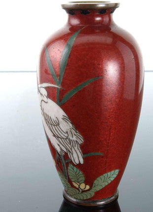 c1880 Miniature Japanese Meiji Cloisonne Vase with Egret - Estate Fresh Austin