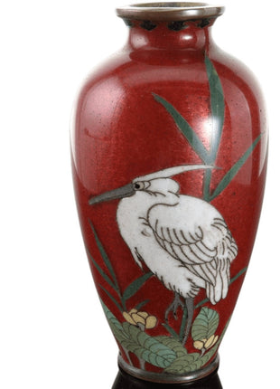 c1880 Miniature Japanese Meiji Cloisonne Vase with Egret - Estate Fresh Austin