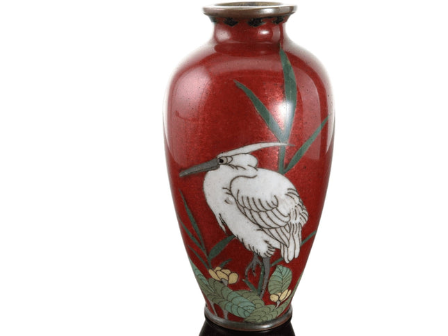 c1880 Miniature Japanese Meiji Cloisonne Vase with Egret - Estate Fresh Austin