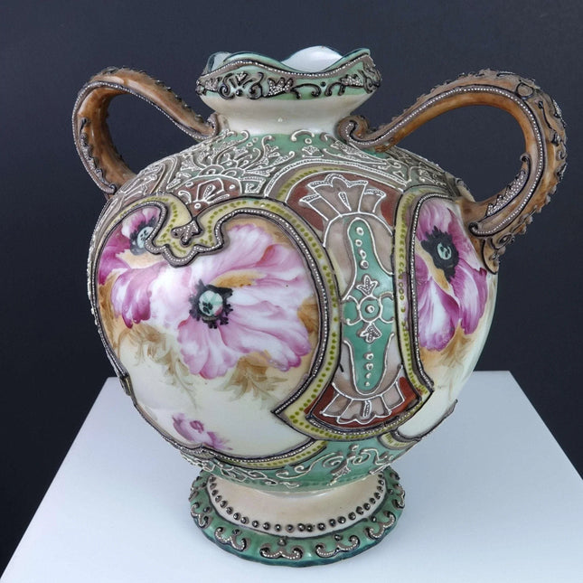 c1880 Pre-Nippon Moriage Vase with Hand Painted Roses - Estate Fresh Austin