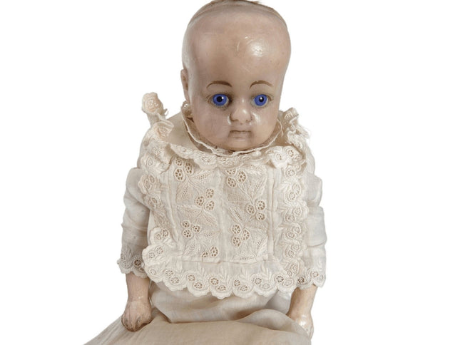 c1880 Wax Head doll in Christening Dress - Estate Fresh Austin