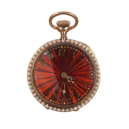 c1890 14k gold red enamel/pearl Ladies pocket watch Harris Schafer DC - Estate Fresh Austin