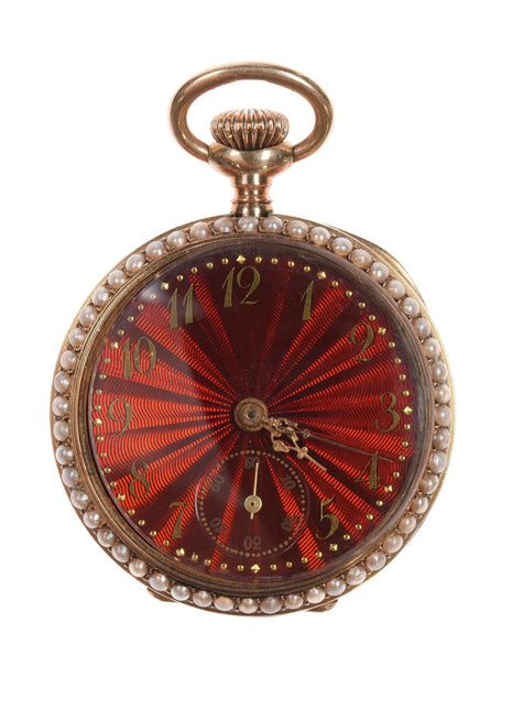 c1890 14k gold red enamel/pearl Ladies pocket watch Harris Schafer DC - Estate Fresh Austin