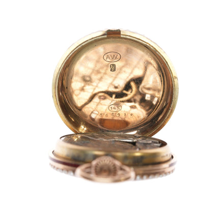 c1890 14k gold red enamel/pearl Ladies pocket watch Harris Schafer DC - Estate Fresh Austin