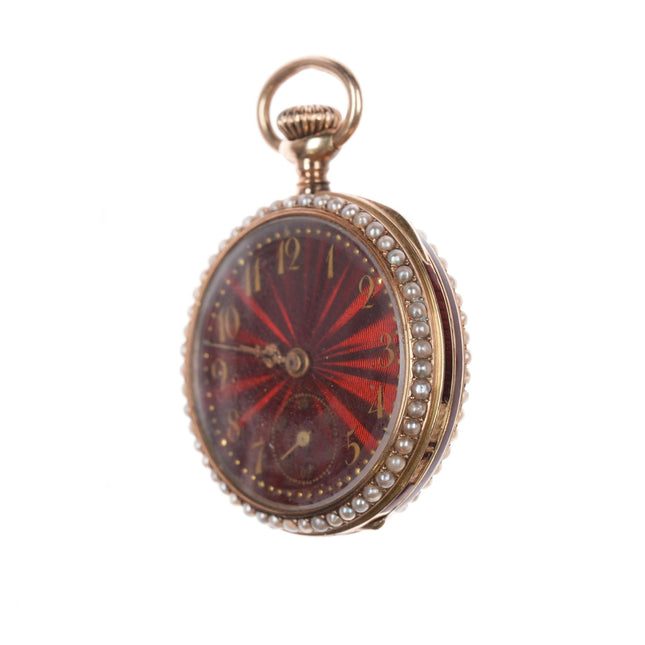 c1890 14k gold red enamel/pearl Ladies pocket watch Harris Schafer DC - Estate Fresh Austin