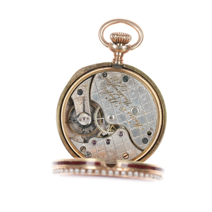 c1890 14k gold red enamel/pearl Ladies pocket watch Harris Schafer DC - Estate Fresh Austin