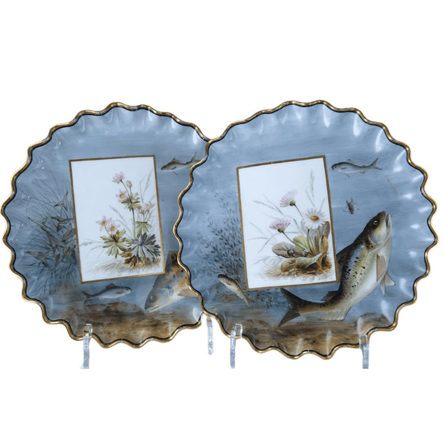 c1890 Aesthetic Movement Theodore B Starr New York Pair of Hand Painted Fish Pla - Estate Fresh Austin