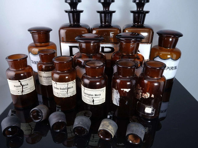 c1890 Amber Apothecary Bottle Set some Labels Under Glass ground stoppers - Estate Fresh Austin