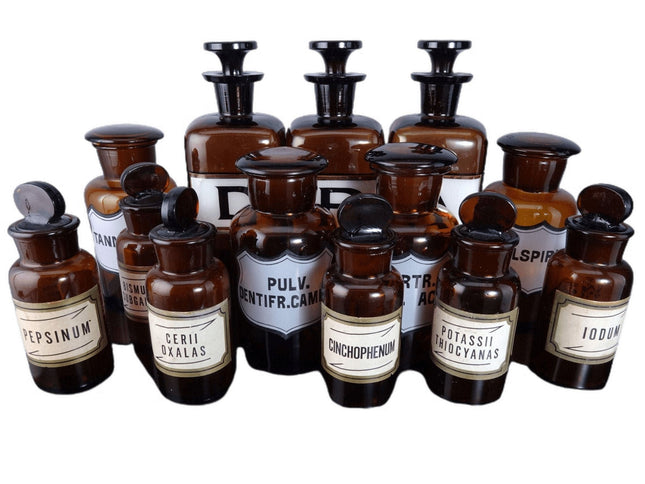 c1890 Amber Apothecary Bottle Set some Labels Under Glass ground stoppers - Estate Fresh Austin