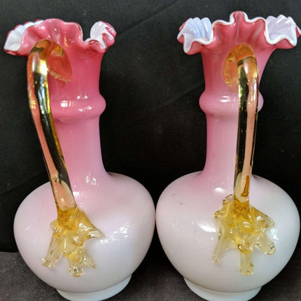 c1890 Antique Bohemian Art Glass Pink glossy Peachblow Style Ewers - Estate Fresh Austin