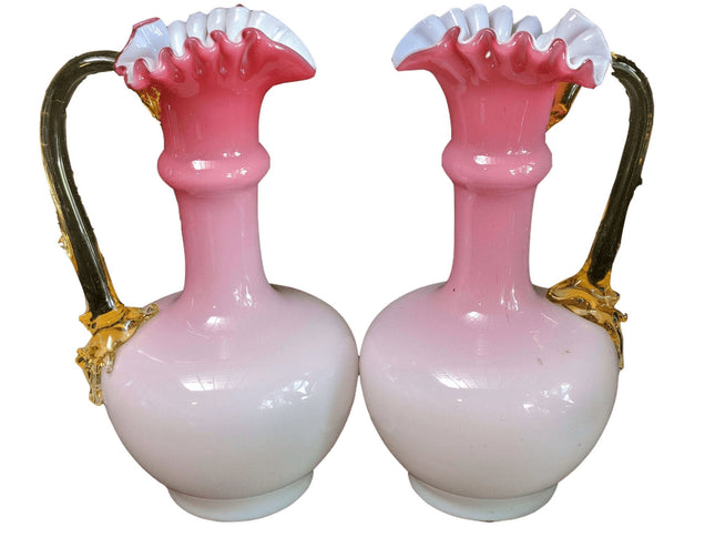 c1890 Antique Bohemian Art Glass Pink glossy Peachblow Style Ewers - Estate Fresh Austin