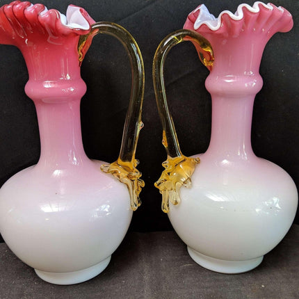 c1890 Antique Bohemian Art Glass Pink glossy Peachblow Style Ewers - Estate Fresh Austin