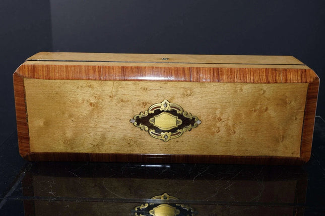 c1890 Antique French Marquetry glove box with brass/mother of pearl inlay - Estate Fresh Austin