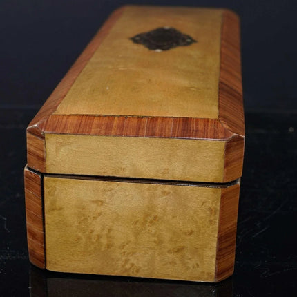 c1890 Antique French Marquetry glove box with brass/mother of pearl inlay - Estate Fresh Austin