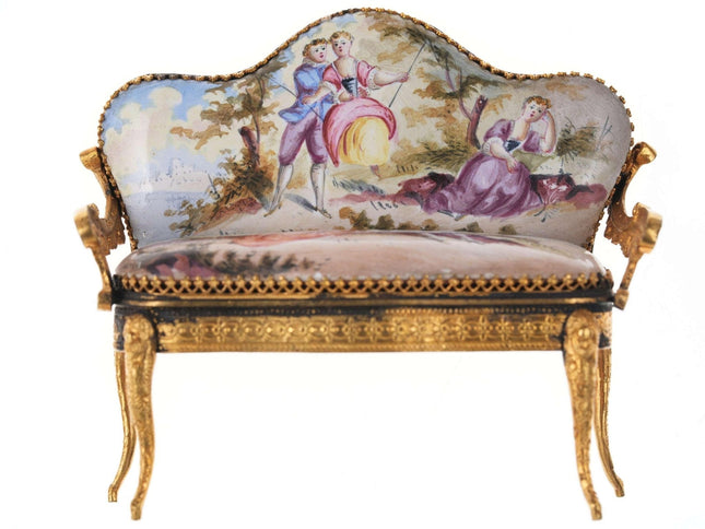 c1890 Antique Miniature Viennese Dore Bronze and Hand Painted Enamel Settee - Estate Fresh Austin