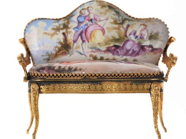 c1890 Antique Miniature Viennese Dore Bronze and Hand Painted Enamel Settee - Estate Fresh Austin