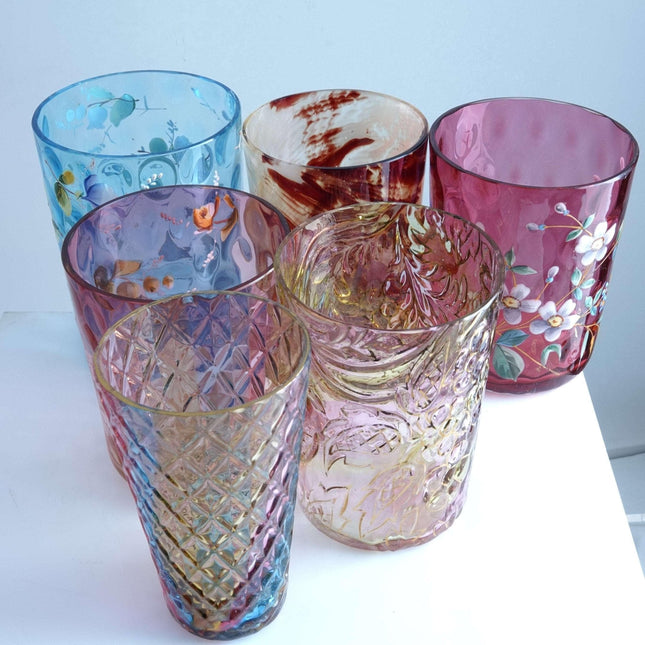 c1890 Art glass tumbler collection, Amberina Mary Gregory, Rainbow Glass, Hand e - Estate Fresh Austin