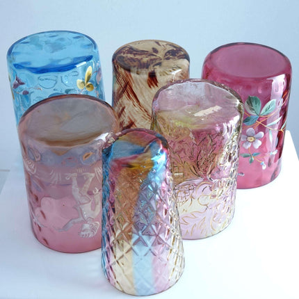 c1890 Art glass tumbler collection, Amberina Mary Gregory, Rainbow Glass, Hand e - Estate Fresh Austin