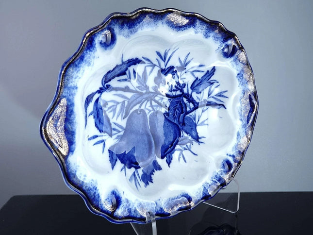 c1890 Clementson Bros Flow Blue Fruit Pattern Scalloped serving bowl. - Estate Fresh Austin