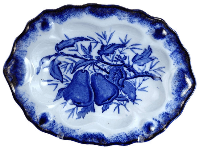 c1890 Clementson Bros Flow Blue Fruit Pattern Scalloped serving bowl. - Estate Fresh Austin