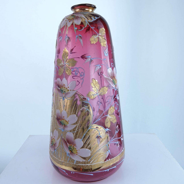 c1890 Coralene and Heavily Enameled Cranberry Art glass Vase with lots of gold - Estate Fresh Austin
