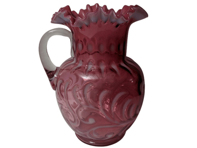 c1890 Cranberry Opalescent Buttons n Braids Water Pitcher - Estate Fresh Austin