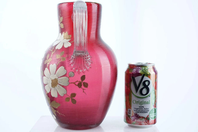 c1890 Cranberry Threaded Enameled Water pitcher - Estate Fresh Austin