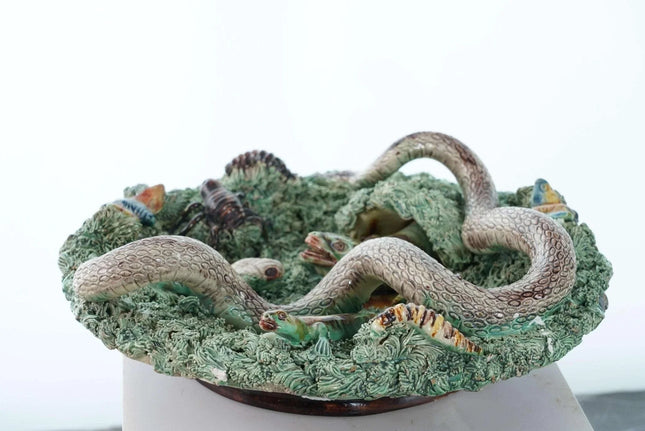 c1890 Cunha palissy ware Charger with Snake/turtle - Estate Fresh Austin