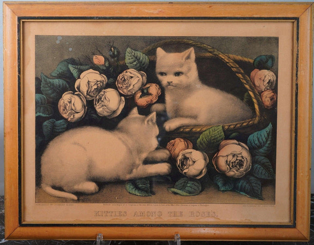 c1890 Currier and Ives Cats Hand Colored Lithograph "Kitties among the Roses" - Estate Fresh Austin