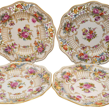 c1890 Dresden Flowers Hand Painted 10" Reticulated Raised gold plates - Estate Fresh Austin