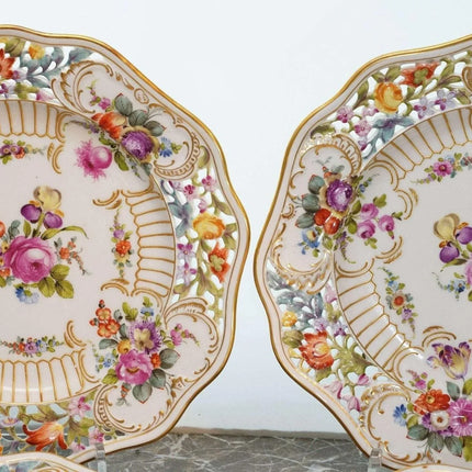 c1890 Dresden Flowers Hand Painted 10" Reticulated Raised gold plates - Estate Fresh Austin