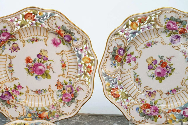 c1890 Dresden Flowers Hand Painted 10" Reticulated Raised gold plates - Estate Fresh Austin